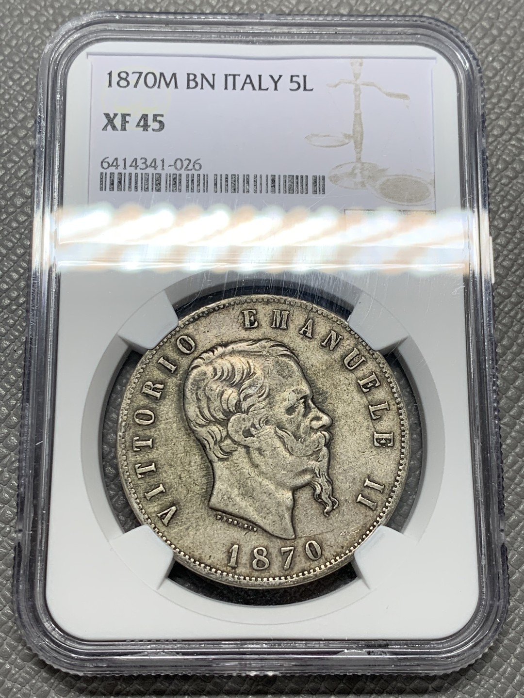 《竞宝斋》第128场-周日，周一 ，2场连拍（全场包邮） NGC XF45 意大利 1870年 BN版 艾曼纽尔二世 5里拉银币  原味包浆