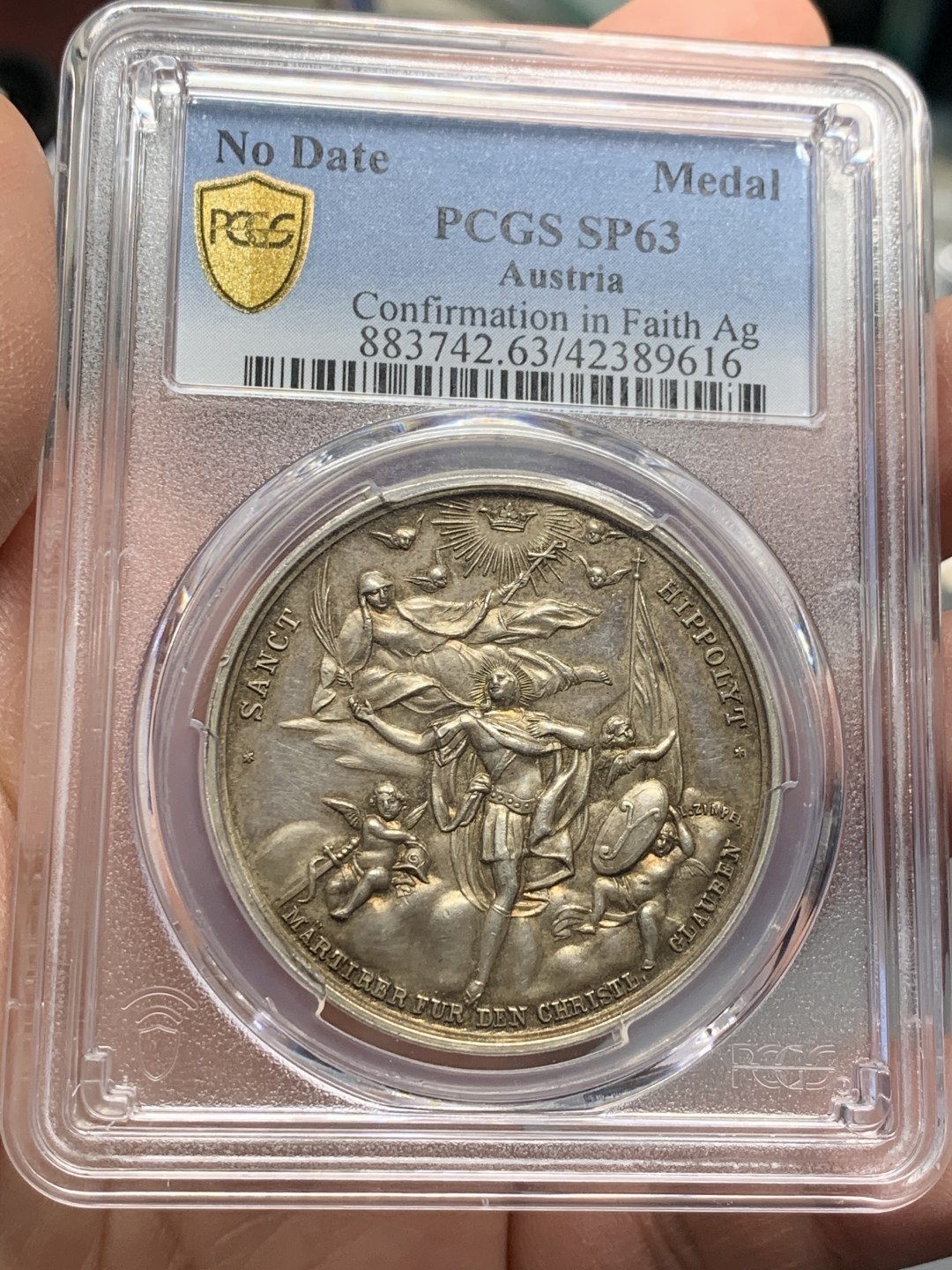 《竞宝斋》第128场-周日，周一 ，2场连拍（全场包邮） PCGS SP63 19世纪奥地利宗教洗礼银章 稀少品种 双面设计都很别致