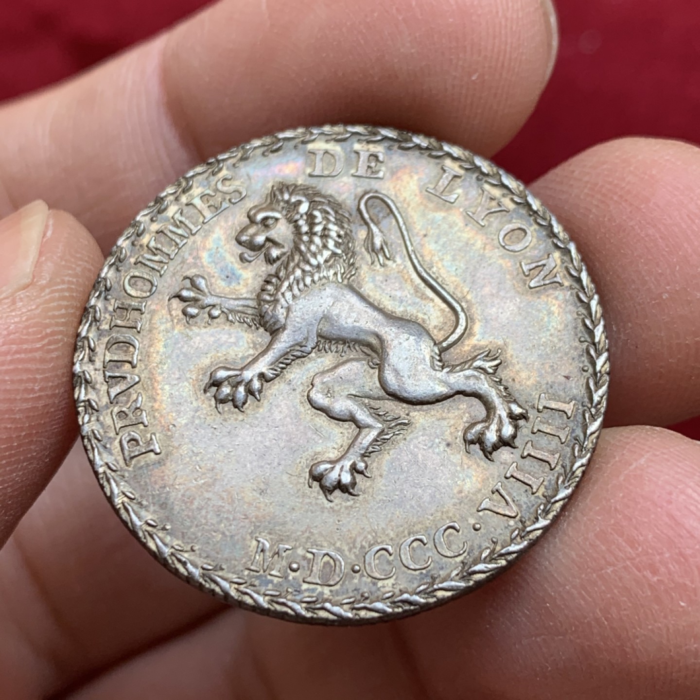 《竞宝斋》第128场-周日，周一 ，2场连拍（全场包邮） 法国 1809 里昂公证处 银章 双面深彩包浆 细节非常好 特殊的边缘花边很漂亮 29.36mm 10.6克 可评级