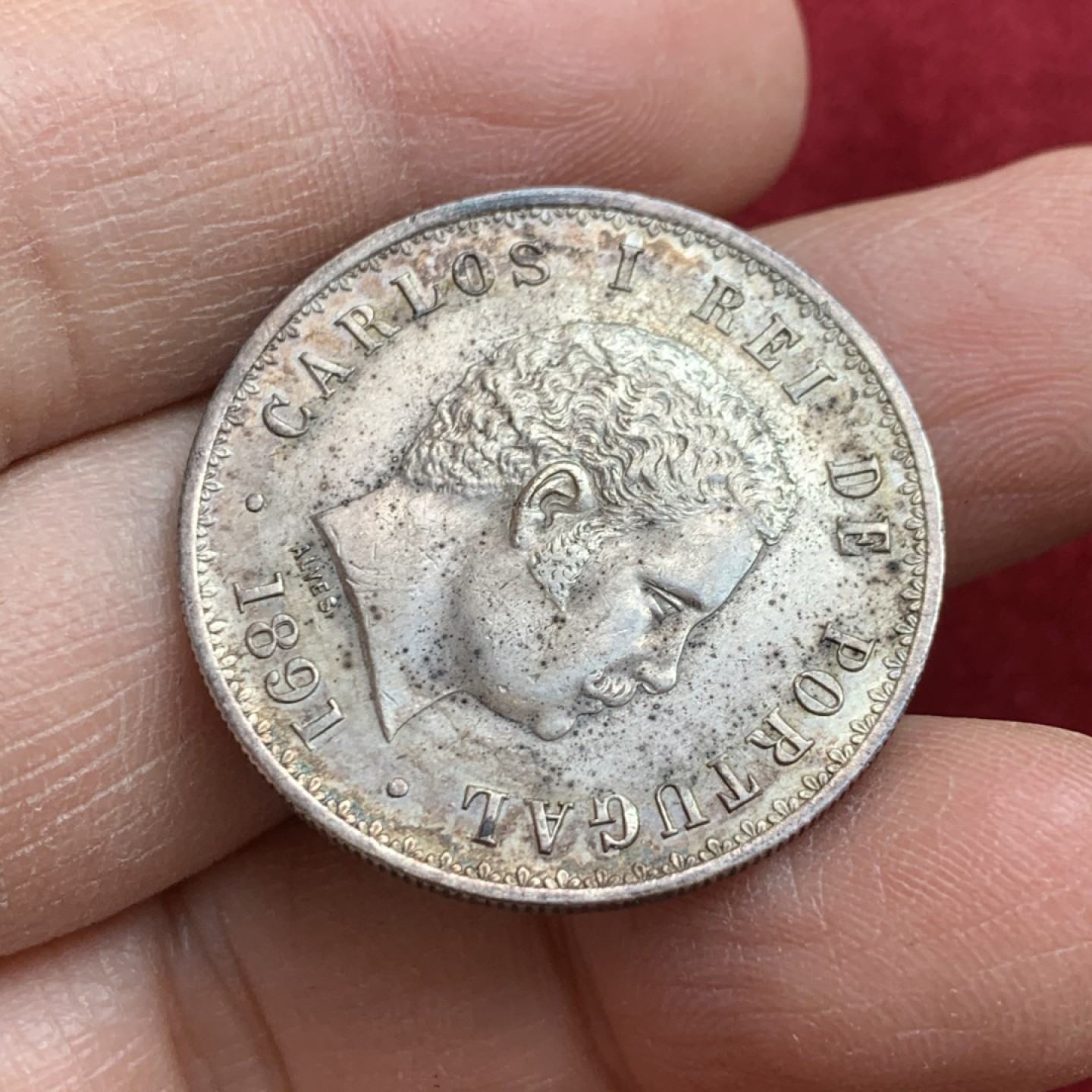 《竞宝斋》第128场-周日，周一 ，2场连拍（全场包邮） 1891年 葡萄牙500瑞斯 银币 带彩 半元型 头发无磨损 难得