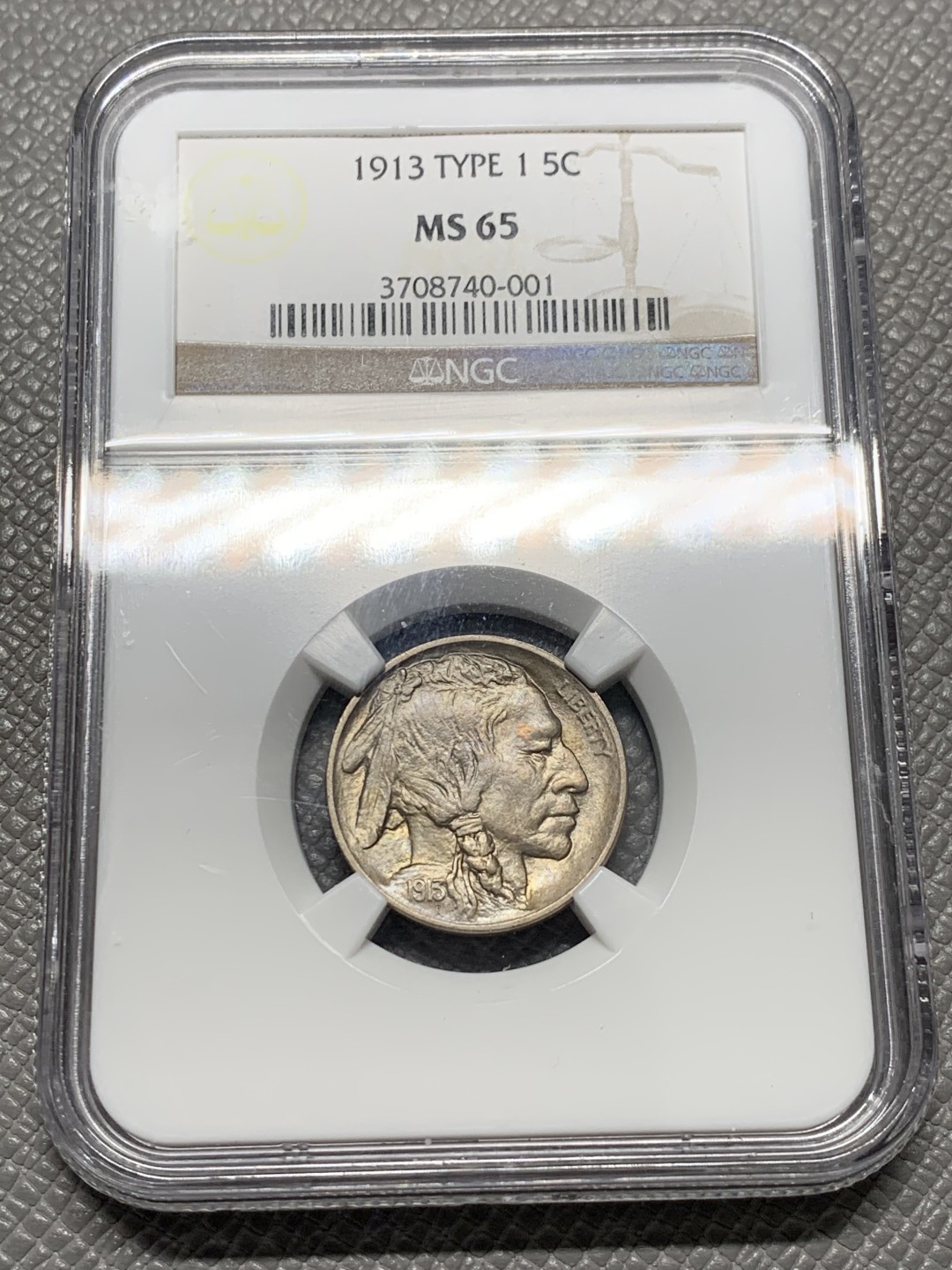 《竞宝斋》第128场-周日，周一 ，2场连拍（全场包邮） NGC MS65 美国 1913年 印第安 牦牛 5分 早期年份 N老盒 状态很不错