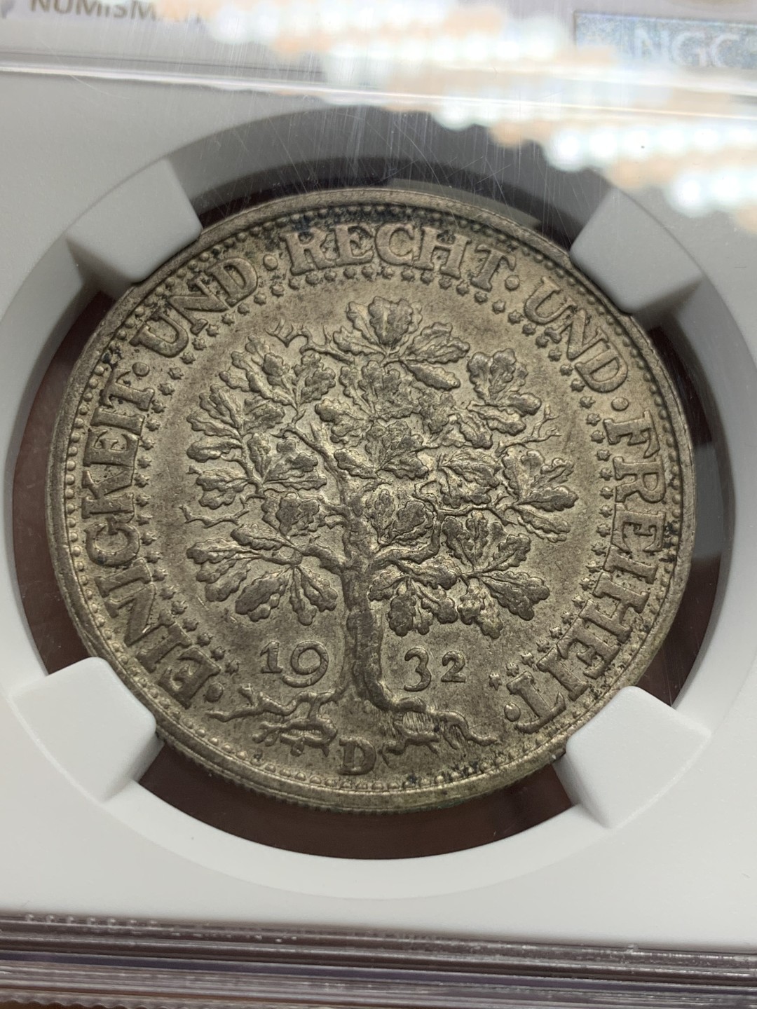 《竞宝斋》第128场-周日，周一 ，2场连拍（全场包邮） NGC MS62 德国1932年橡树5马克大银币老包浆