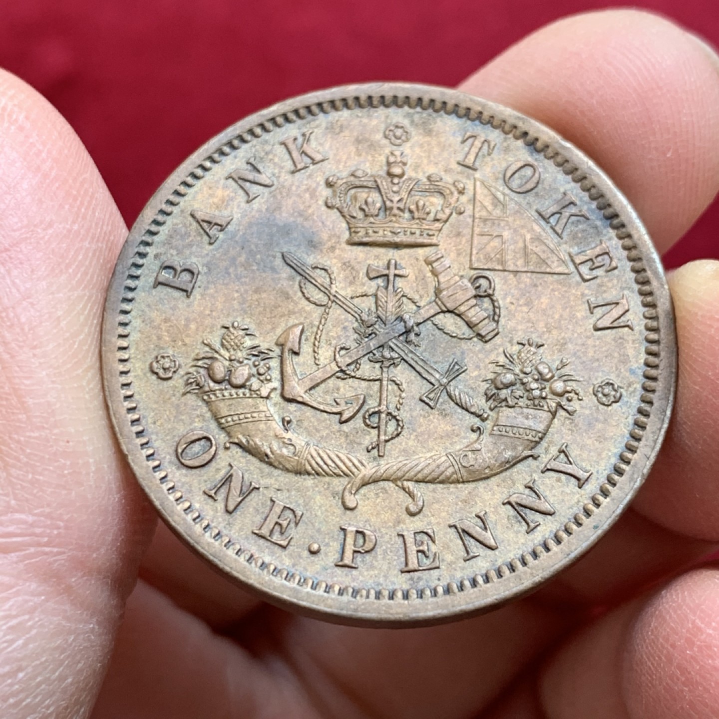 《竞宝斋》第128场-周日，周一 ，2场连拍（全场包邮） 1857年 加拿大 铜马剑 1便士 银行 代币一枚 细节非常好