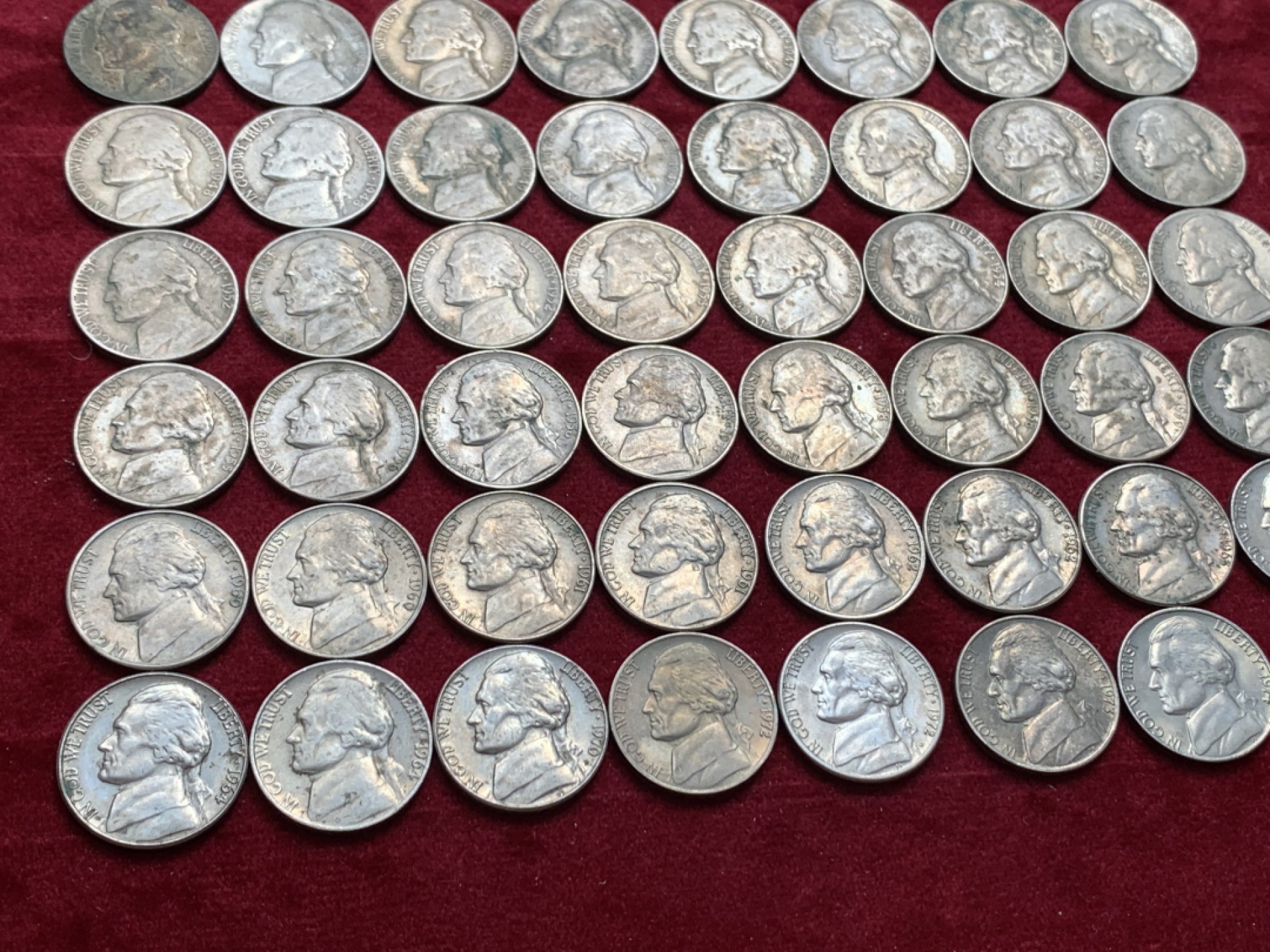 《竞宝斋》第128场-周日，周一 ，2场连拍（全场包邮） 美国 麦弗逊 5美分  63枚一组 从1939-1974年 60多个不同的年份版别 一次搞定绝大多数