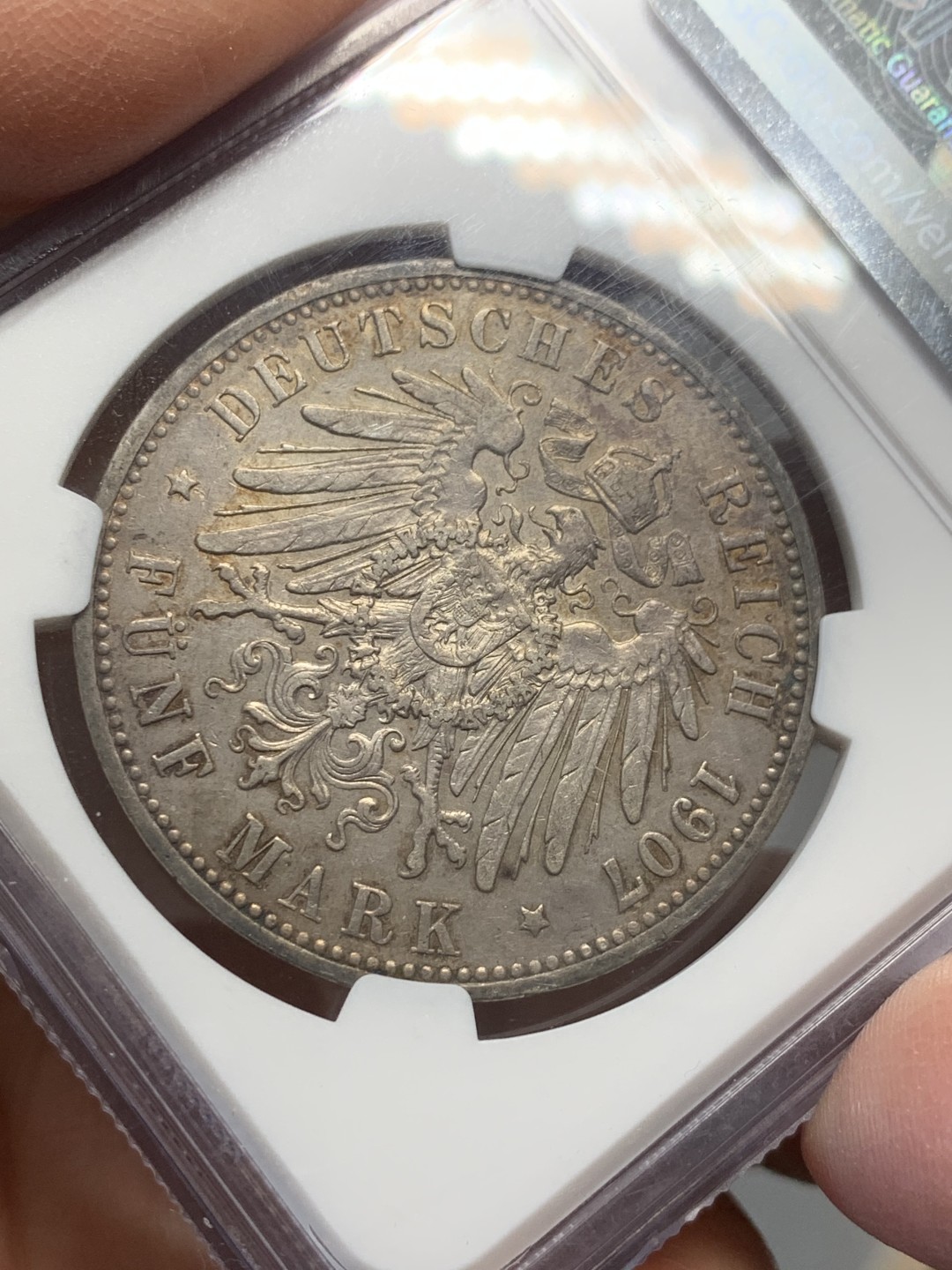 《竞宝斋》第128场-周日，周一 ，2场连拍（全场包邮） NGC-AUD 德国 1907年 普鲁士 威廉二世 大头5马克银币 带淡灰色包浆 细节好