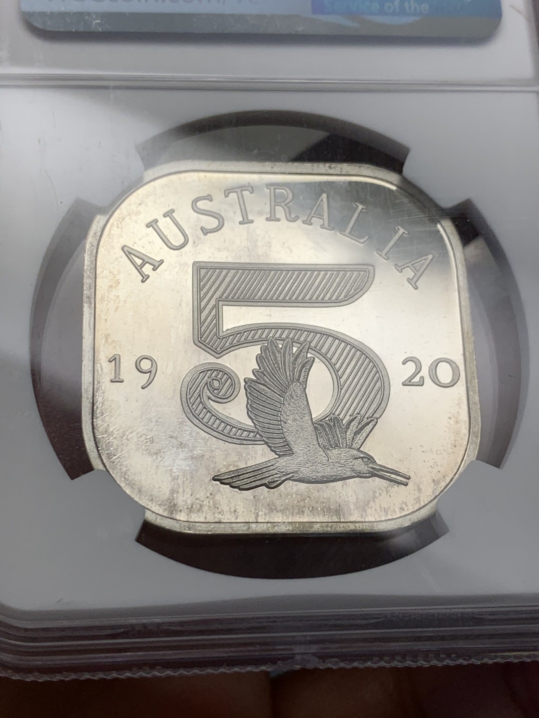 《竞宝斋》第128场-周日，周一 ，2场连拍（全场包邮） NGC PF67UCAM 唯一冠军分 澳大利亚 乔治五世 “1920年” 5先令 银质方形克朗 上世纪再铸 原型出自早期澳大利亚的一批方形便士样币