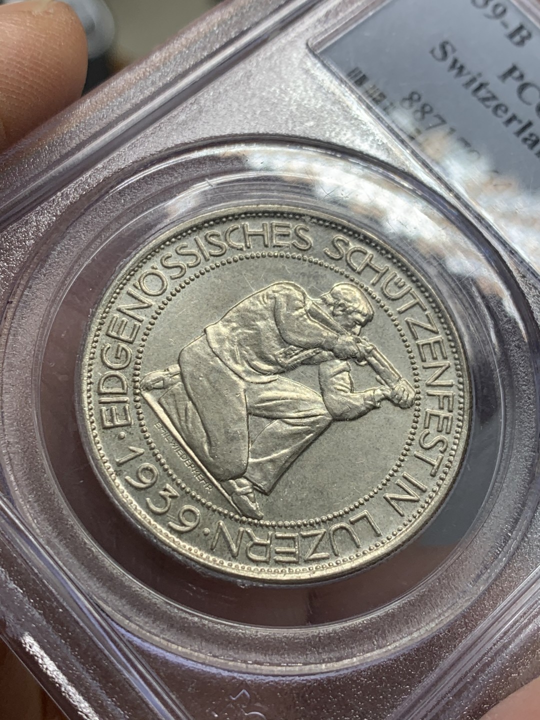 《竞宝斋》第128场-周日，周一 ，2场连拍（全场包邮） PCGS MS64 1939年 瑞士 卢塞恩射击节 5法郎