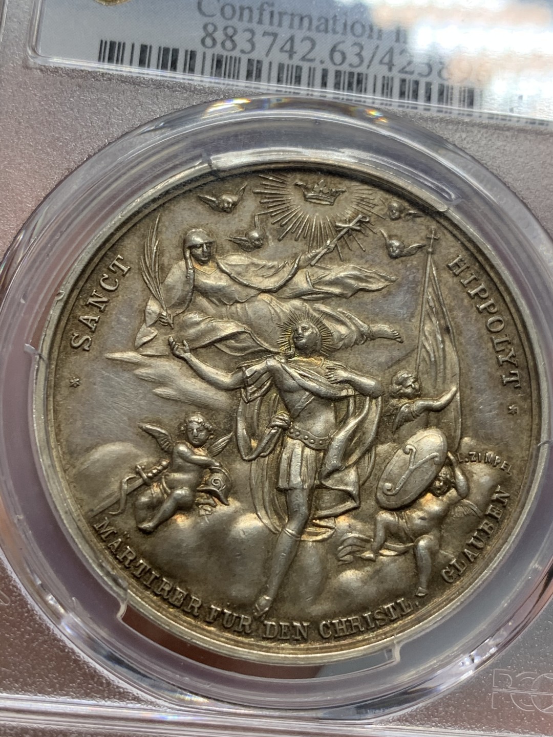 《竞宝斋》第128场-周日，周一 ，2场连拍（全场包邮） PCGS SP63 19世纪奥地利宗教洗礼银章 稀少品种 双面设计都很别致