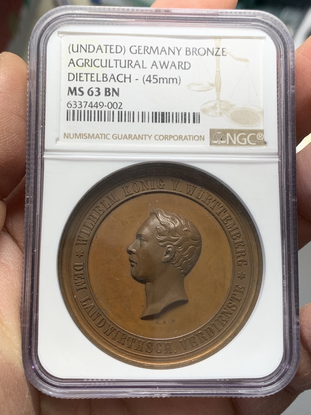 《竞宝斋》第128场-周日，周一 ，2场连拍（全场包邮） NGC MS63 19世纪德国符腾堡农业题材铜章 设计别致 细节细腻惊人