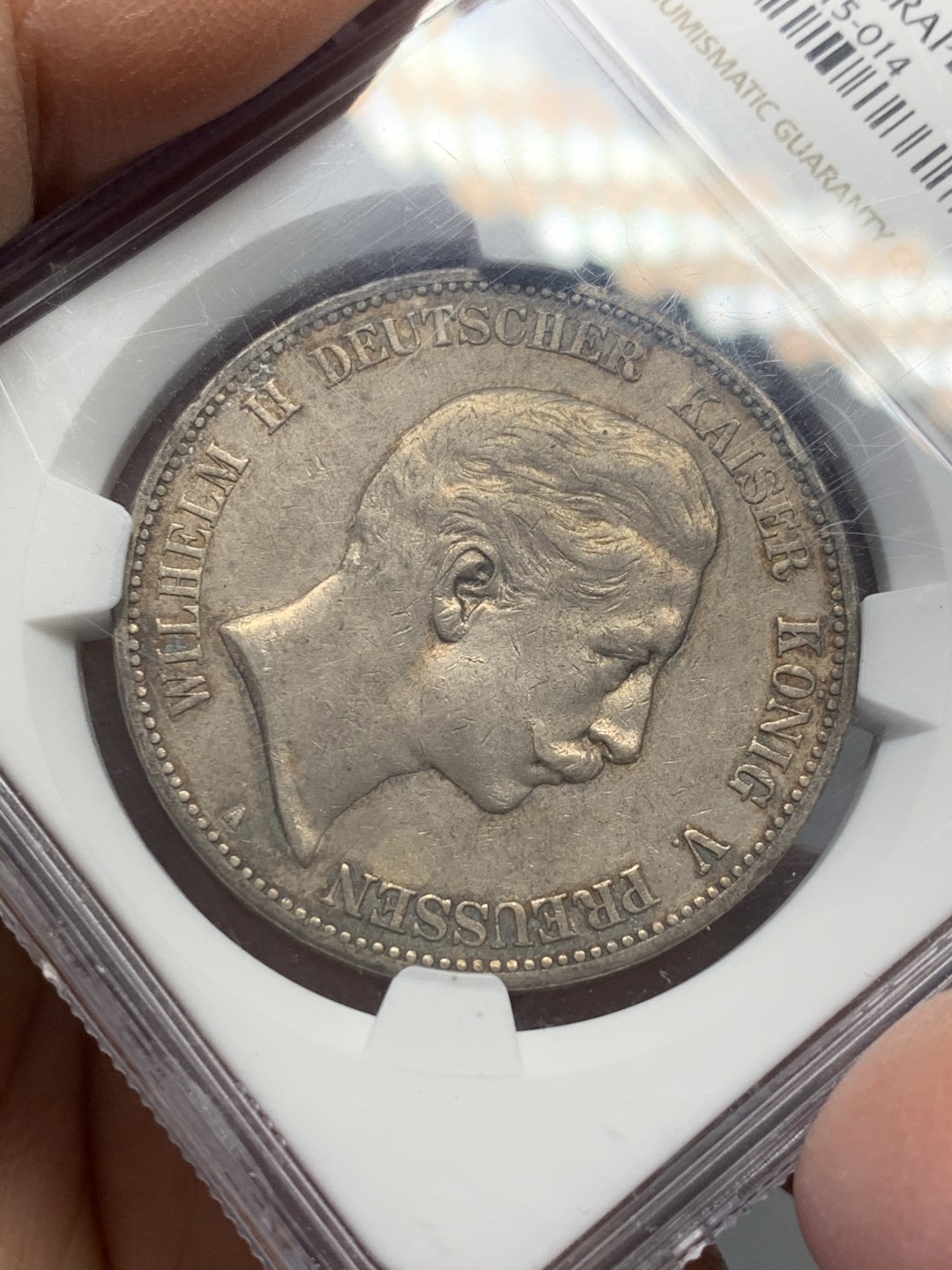 《竞宝斋》第128场-周日，周一 ，2场连拍（全场包邮） NGC-AUD 德国 1907年 普鲁士 威廉二世 大头5马克银币 带淡灰色包浆 细节好