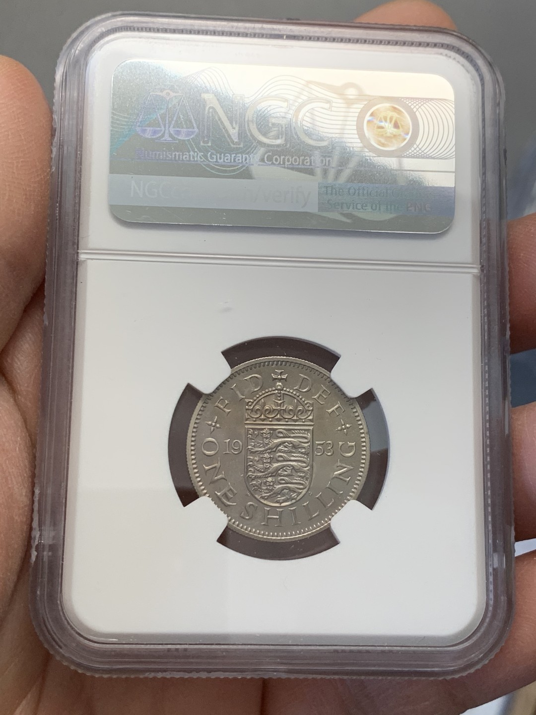 《竞宝斋》第128场-周日，周一 ，2场连拍（全场包邮） NGC PF65 1953年英国伊丽莎白二世首年精制1先令（ENGLAND)
