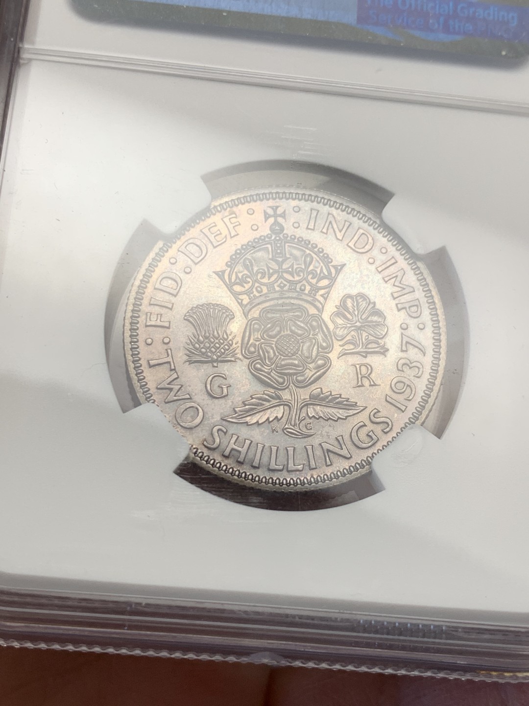 《竞宝斋》第128场-周日，周一 ，2场连拍（全场包邮） NGC-PF63 英国 1937年 乔治六世1福林 精制银币，带彩老包浆，底板镜面感十足