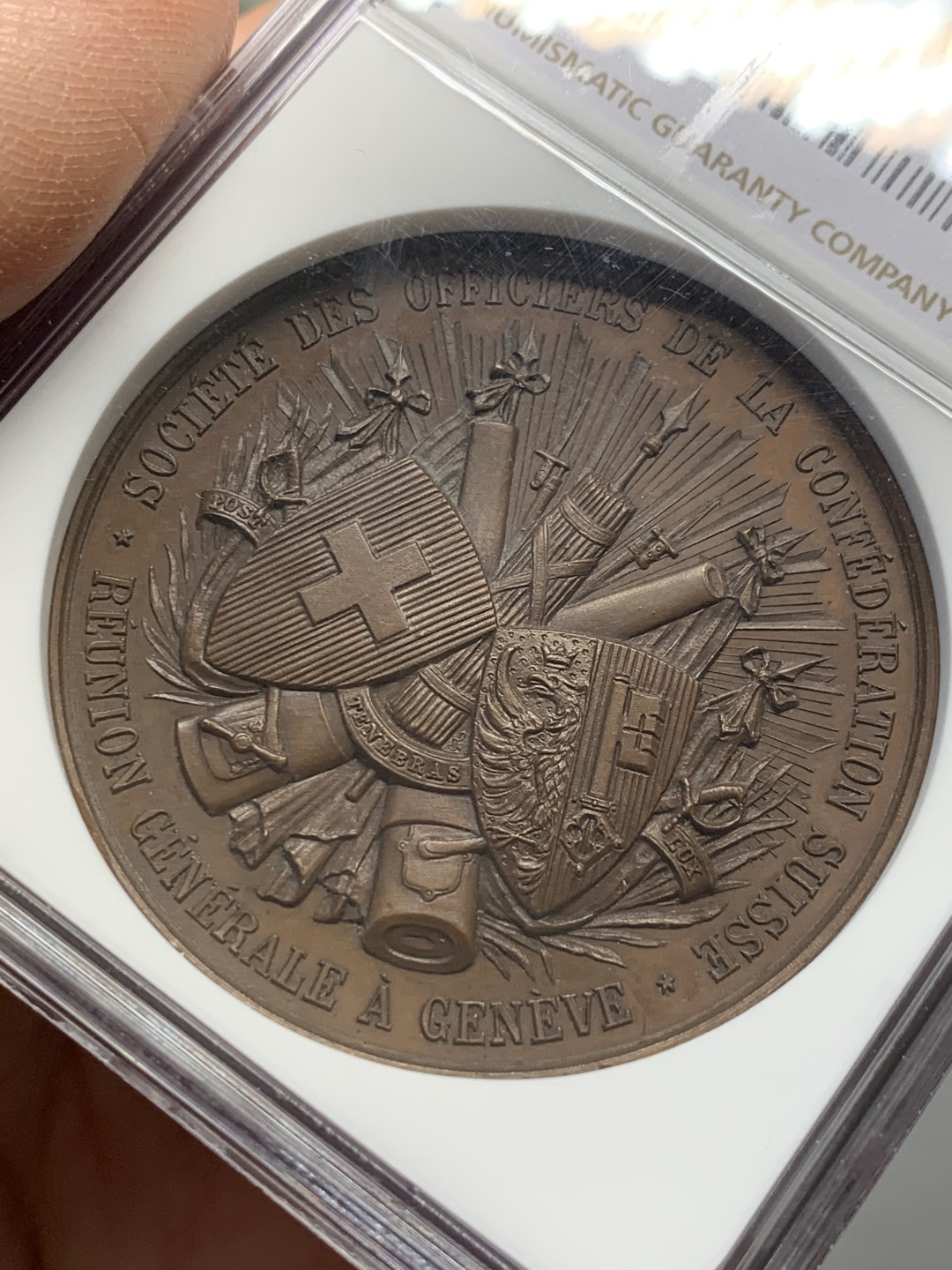 《竞宝斋》第128场-周日，周一 ，2场连拍（全场包邮） NGC MS64 1892年瑞士日内瓦联邦纪念铜章 双面精美高浮雕 难得顶级品相状态