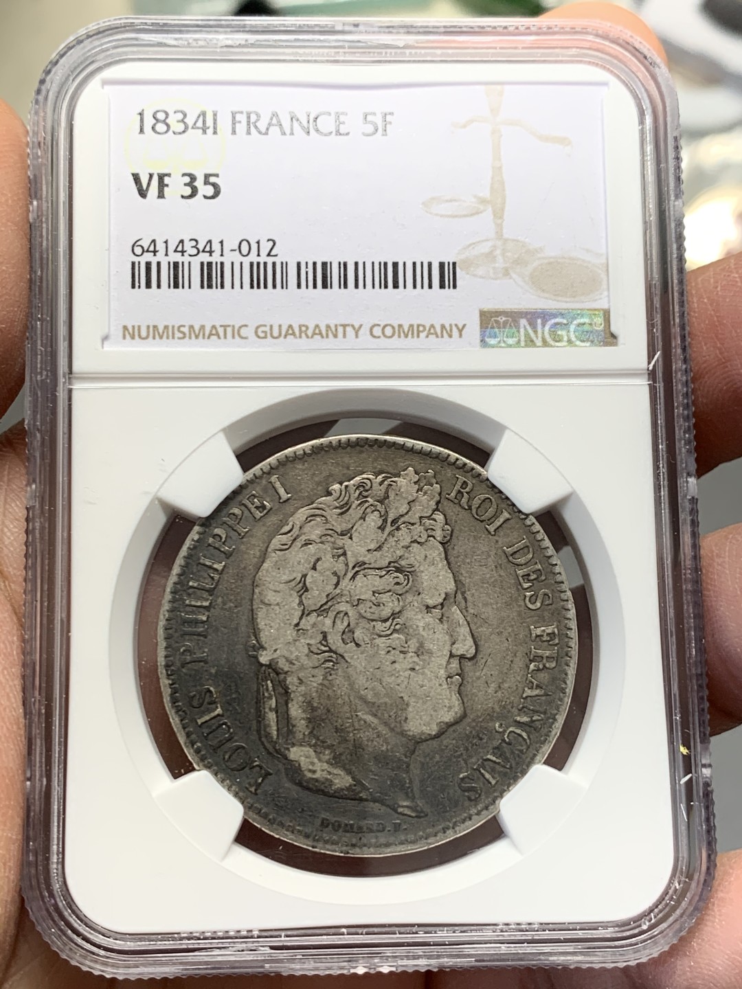 《竞宝斋》第128场-周日，周一 ，2场连拍（全场包邮） NGC VF35 法国 1834年I版 5法郎银币 原味包浆