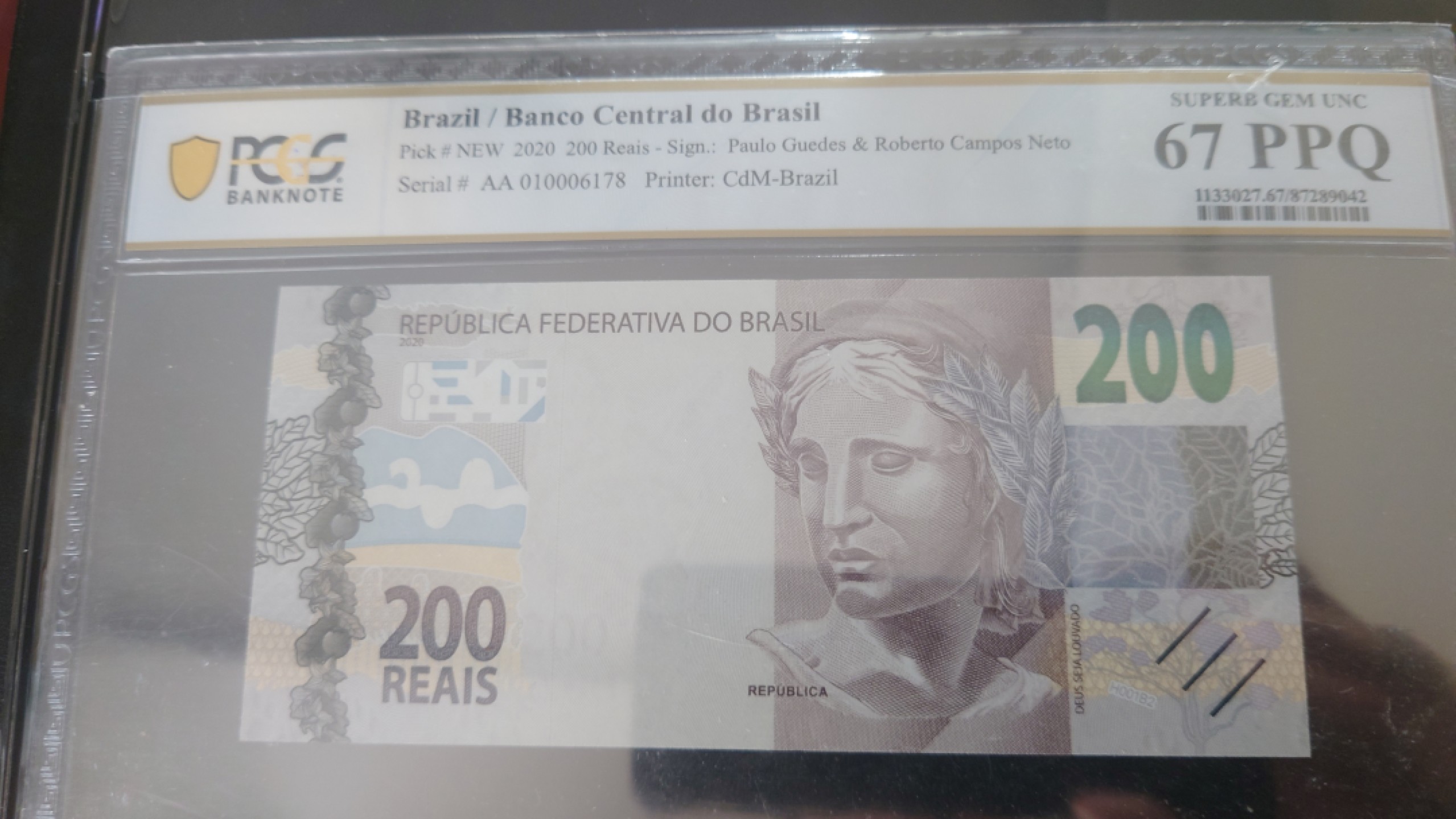 【世界钱币收藏】精品微拍第53期暨2022年第十期 众多裸钞评级币超低价起拍 年末让利 出价极有大可能中标 2020年巴西200里亚尔 首发AA01冠0 PCGS67Q