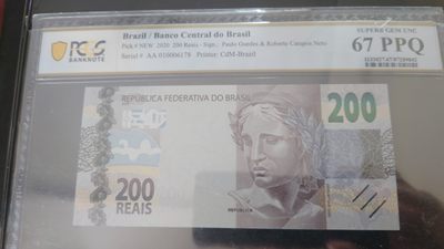 【世界钱币收藏】精品微拍第53期暨2022年第十期 众多裸钞评级币超低价起拍 年末让利 出价极有大可能中标 - 2020年巴西200里亚尔 首发AA01冠0 PCGS67Q
