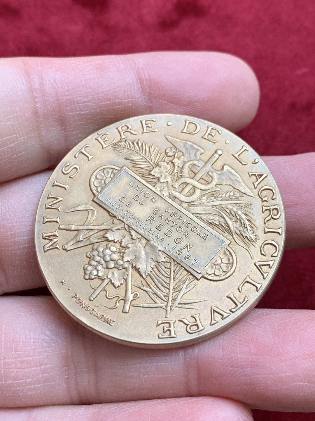 《竞宝斋》第128场-周日，周一 ，2场连拍（全场包邮） 1897法国 商业部墨丘力 镀金银章 原盒纪念章 41mm 37克 带银标