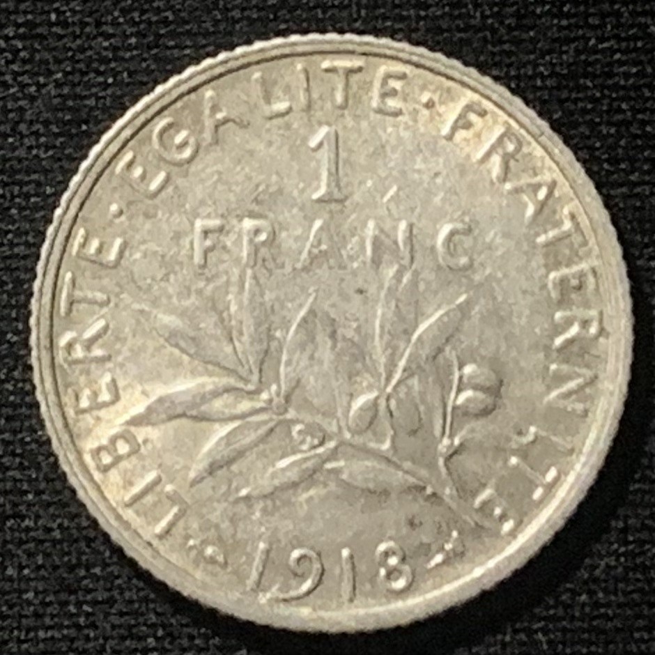 紫瑗钱币——第244期拍卖 法国 1918年 播种女神 1法郎 5克 0.835银 UNC