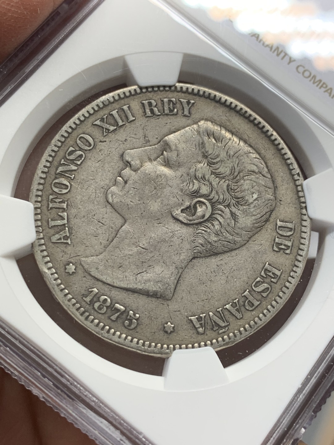 《竞宝斋》第128场-周日，周一 ，2场连拍（全场包邮） NGC-XF45  西班牙1875年 阿方索十二世 5比塞塔双柱大银币 细节一流 原味好品