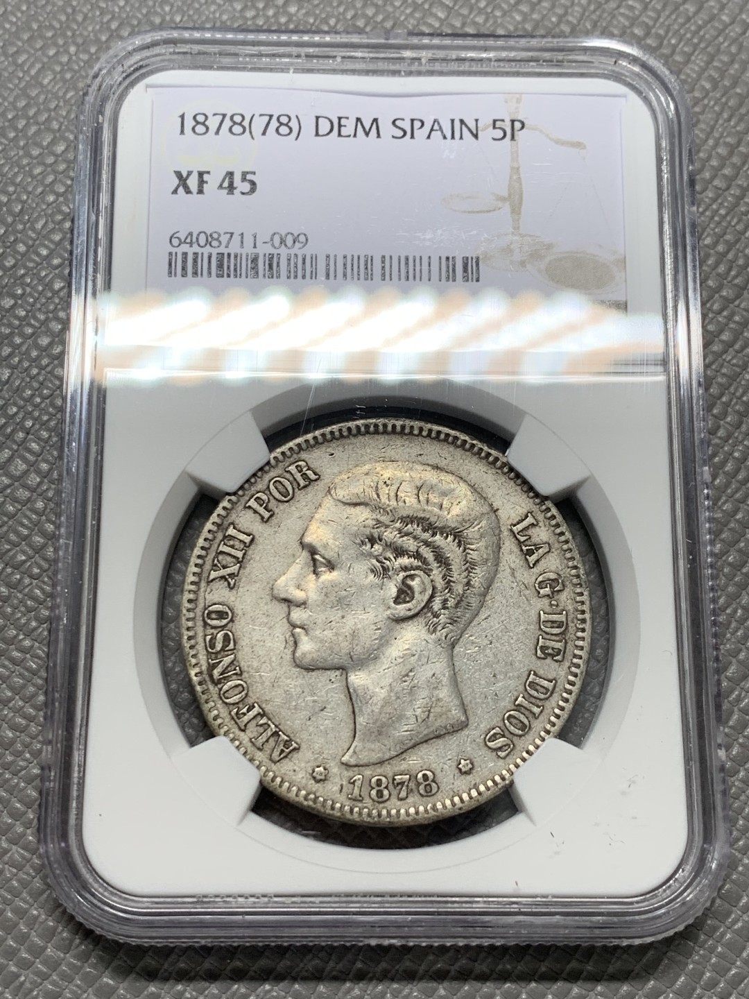 《竞宝斋》第128场-周日，周一 ，2场连拍（全场包邮） NGC XF45 西班牙 1878年 阿方索十二世 5比塞塔银币