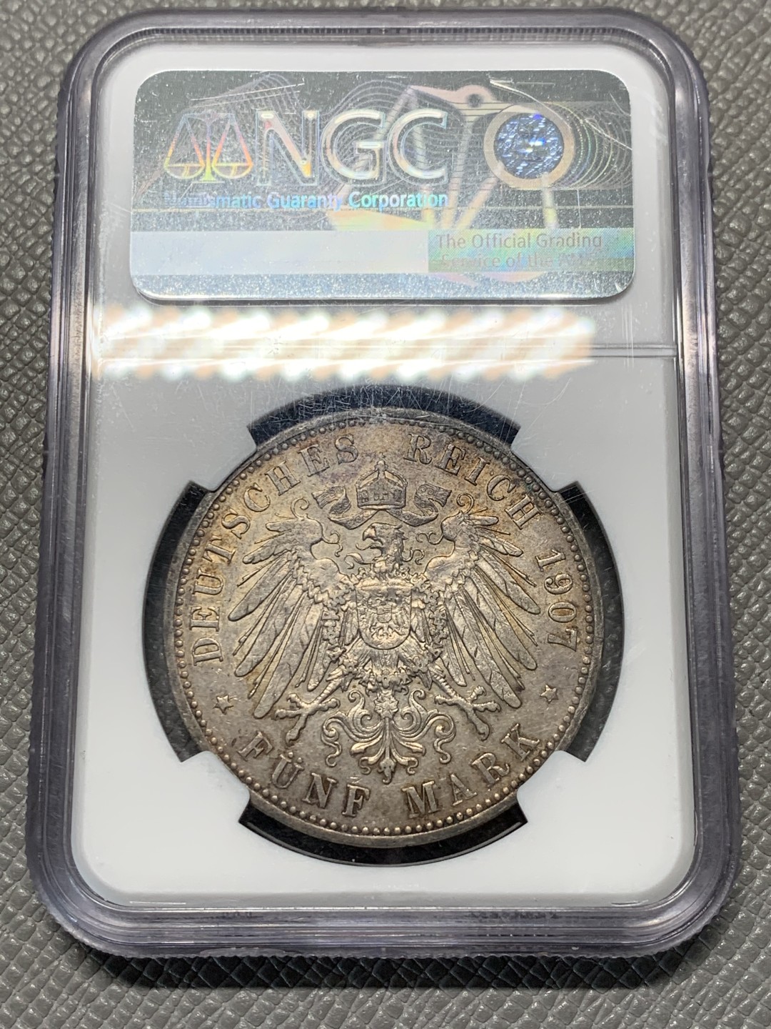 《竞宝斋》第128场-周日，周一 ，2场连拍（全场包邮） NGC-AUD 德国 1907年 普鲁士 威廉二世 大头5马克银币 带淡灰色包浆 细节好