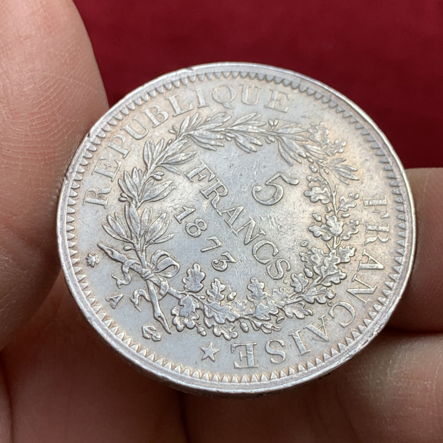 《竞宝斋》第128场-周日，周一 ，2场连拍（全场包邮） 法国1873年5法郎 银币 大力神 无大磕碰伤 手感超好 把玩首选