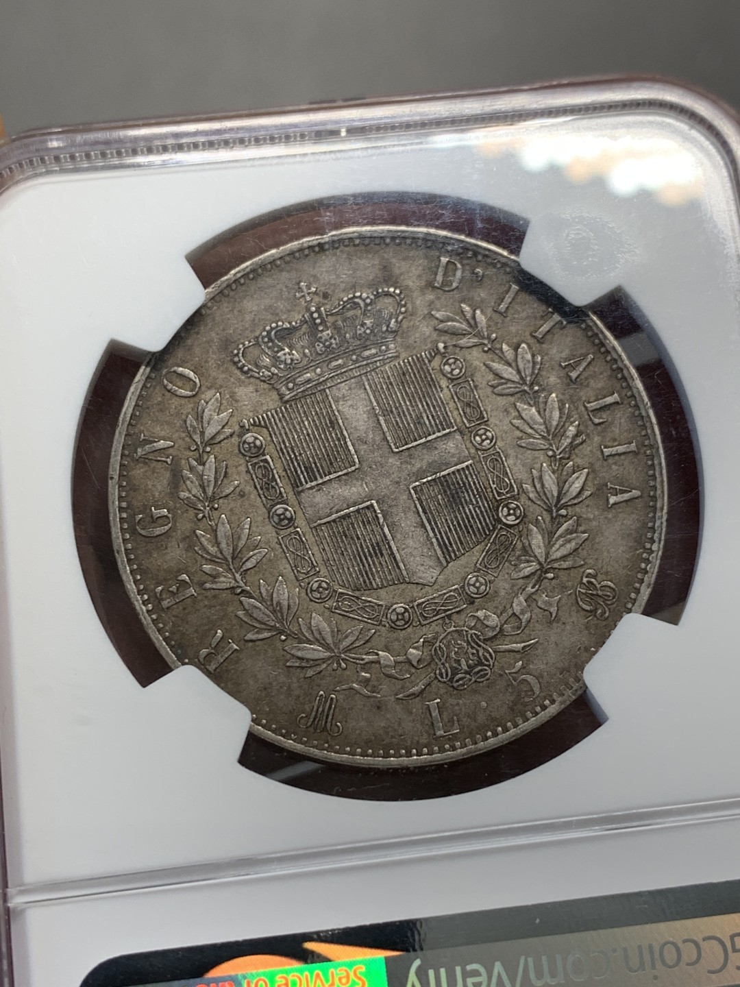 《竞宝斋》第128场-周日，周一 ，2场连拍（全场包邮） NGC AU58 意大利1873年5里拉大银币，深色重包浆，味道难得