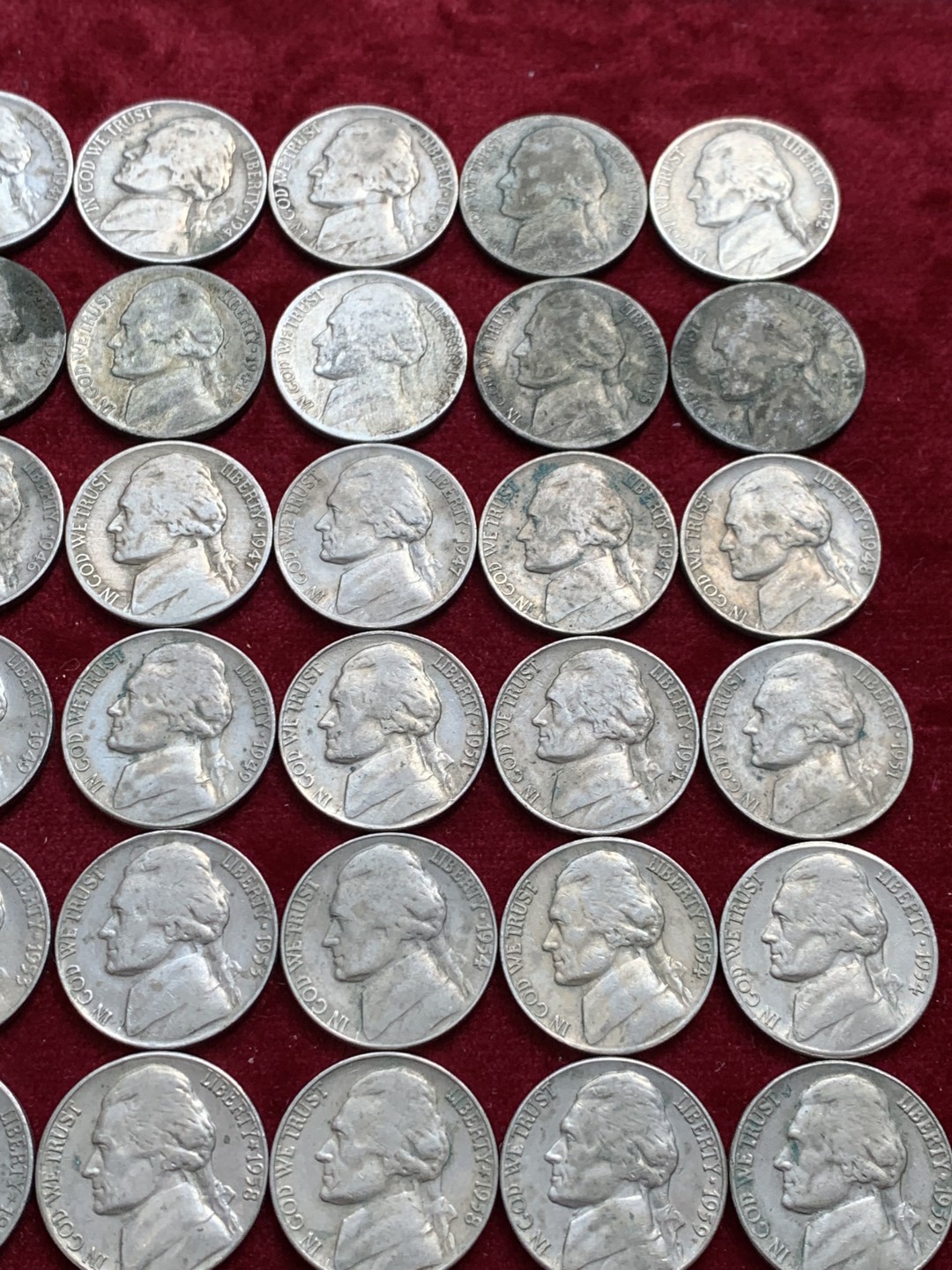 《竞宝斋》第128场-周日，周一 ，2场连拍（全场包邮） 美国 麦弗逊 5美分  63枚一组 从1939-1974年 60多个不同的年份版别 一次搞定绝大多数