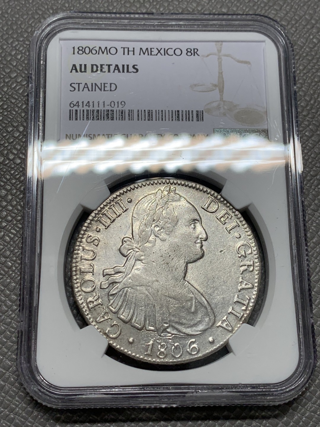 《竞宝斋》第128场-周日，周一 ，2场连拍（全场包邮） NGC AU 墨西哥 1806年 卡四 双柱 8R 大银币 正反深打 光度好 可藏
