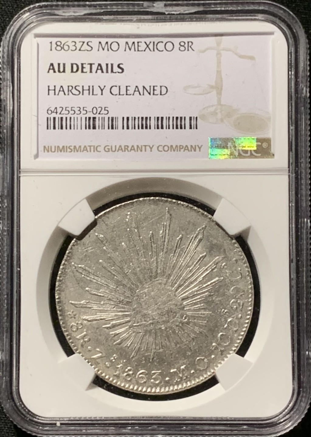 紫瑗钱币——第244期拍卖 墨西哥 1863年 ZS MO 在华流通 花边鹰洋 8里亚尔 银币 NGC AU Detail