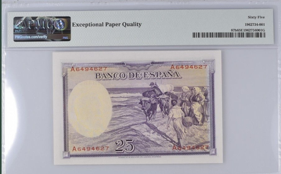 收藏联盟Quantum Auction 第221期拍卖 （已更新） 西班牙1936年25比塞塔 PMG65 西班牙国宝级画家 华金 