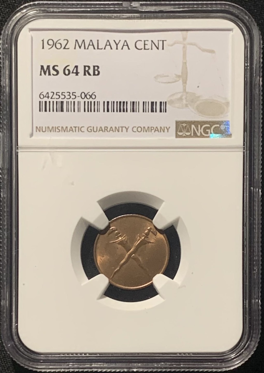 紫瑗钱币——第269期拍卖 马来亚 1962年 权杖 1分 铜币 NGC MS64 RB