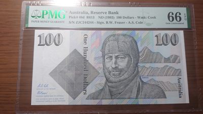 【世界钱币收藏】精选微拍第54期暨2023年第一期 新出分部分精品上拍 1992年澳大利亚100元 绒线帽 重复号244244 PNG66E