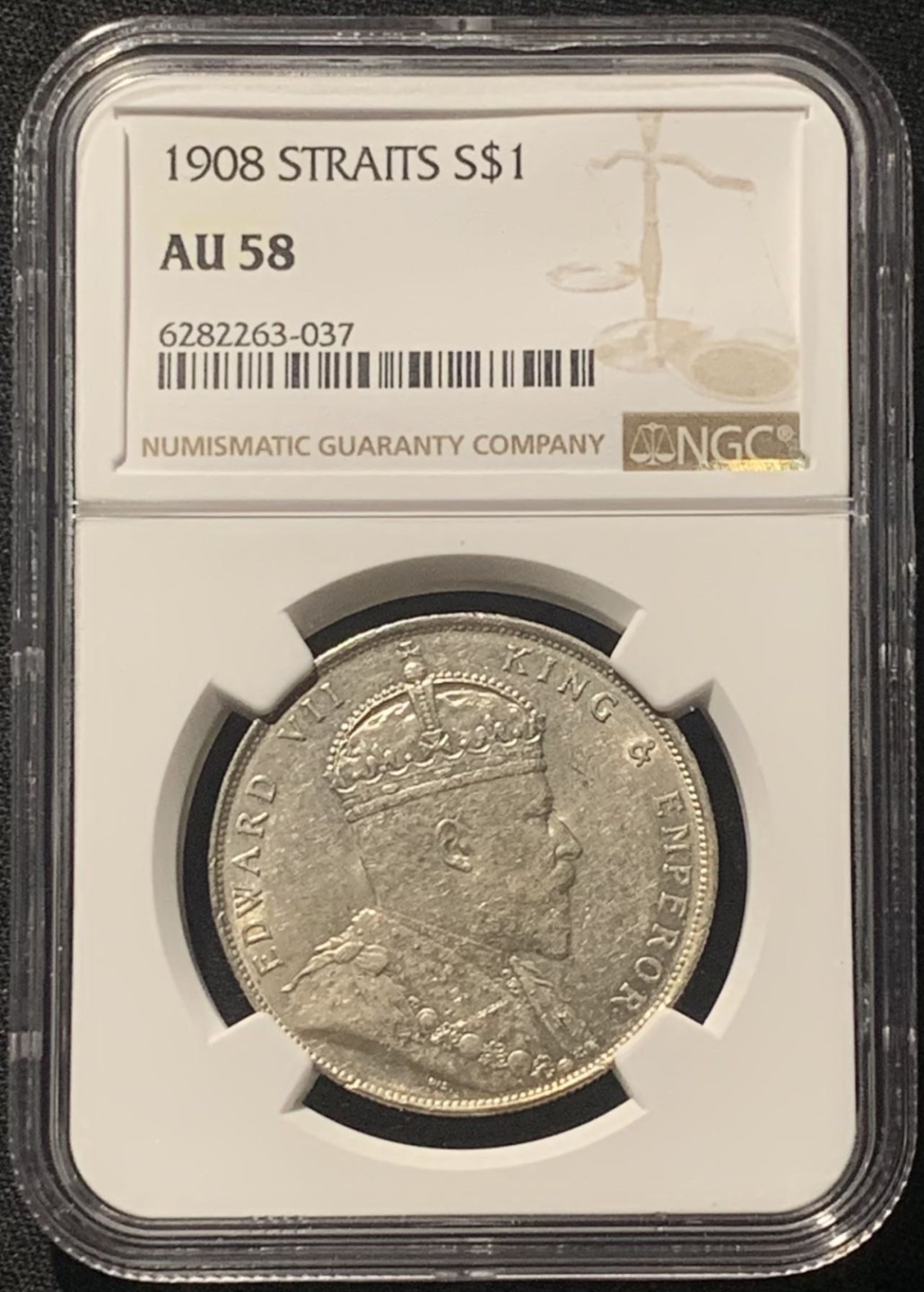 紫瑗钱币——第244期拍卖 海峡殖民地 1908年 乔治五世 壹圆 银币 NGC AU58