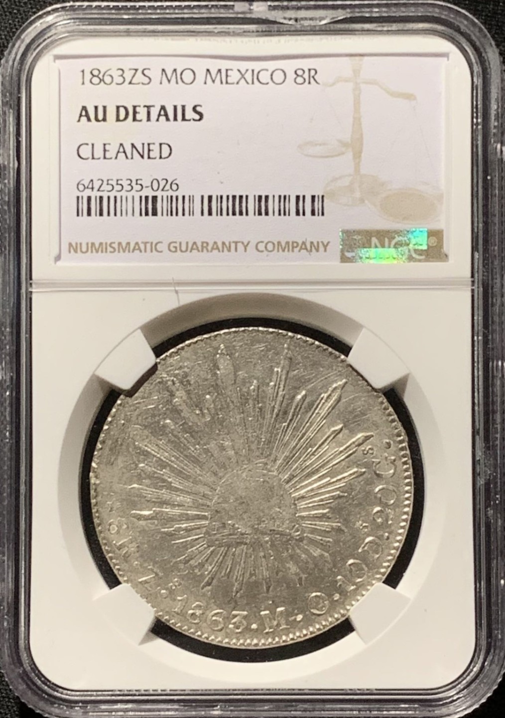 紫瑗钱币——第244期拍卖 墨西哥 1863年 ZS MO 在华流通 花边鹰洋 8里亚尔 银币 NGC AU Detail