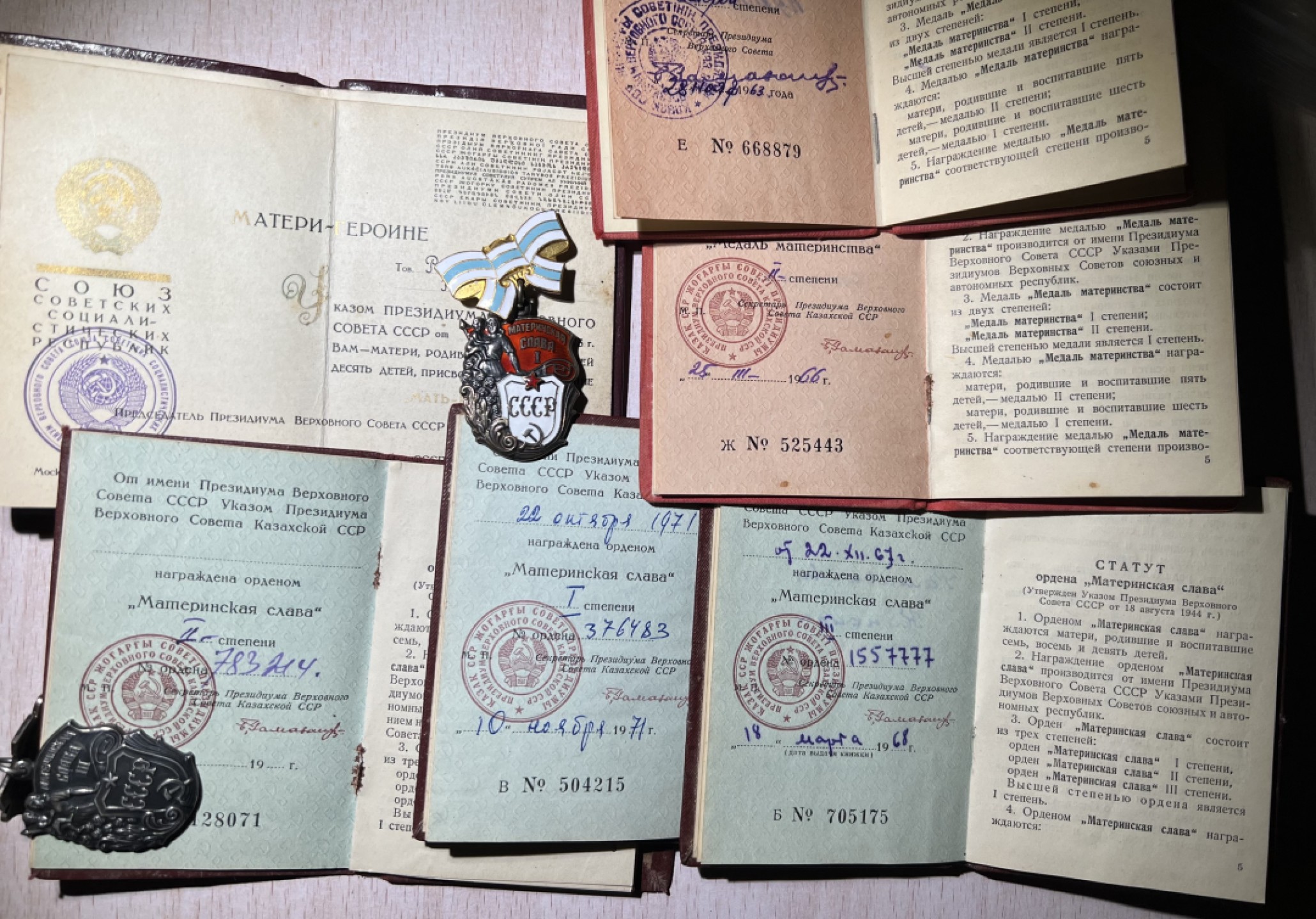 大猫徽章拍卖第212期  苏联母亲勋奖大全套 同一人获得 母亲金星奖章上部金质星被换过，改成银质。