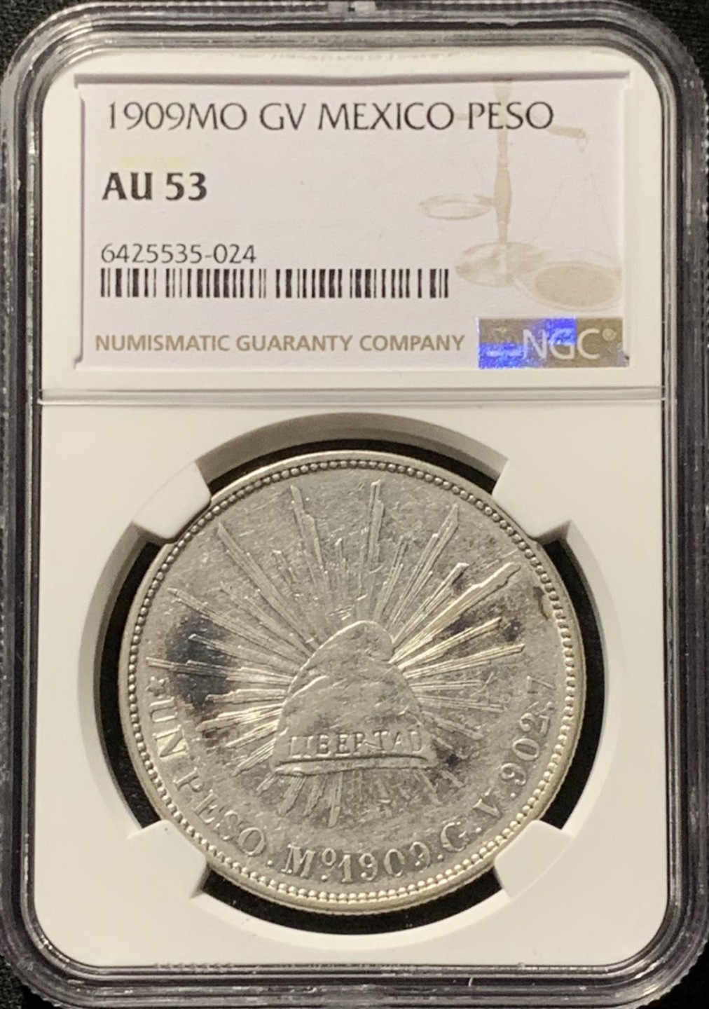紫瑗钱币——第244期拍卖 墨西哥 1909年 MO GV 在华流通 直边比索 1比索 银币 NGC AU53