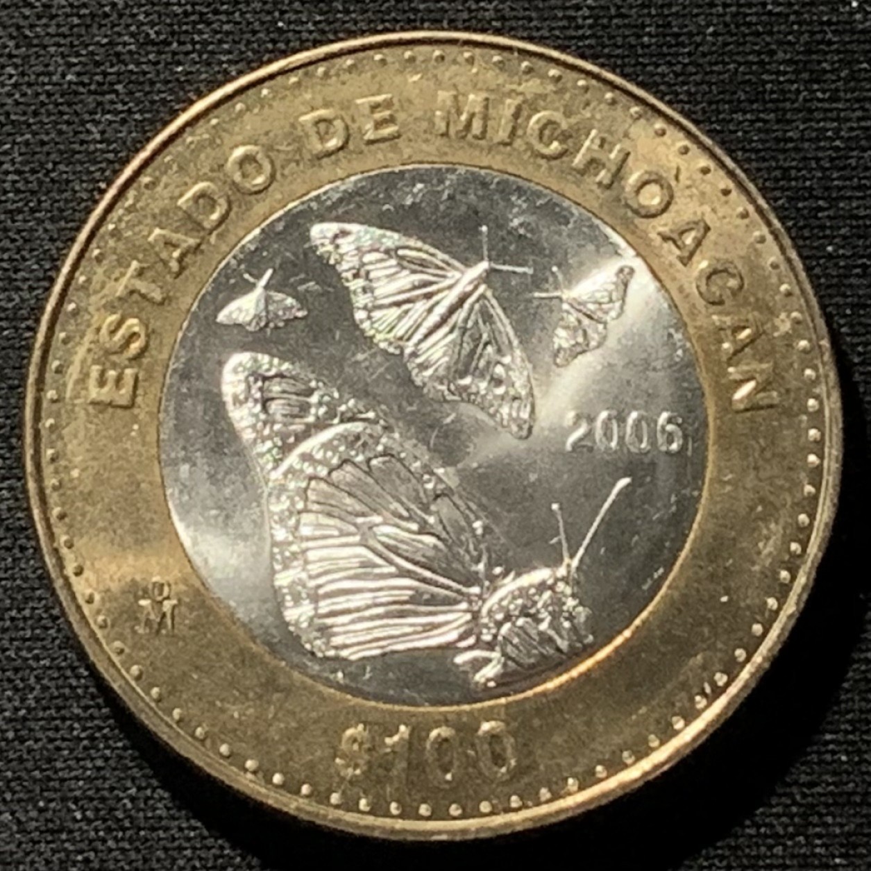 紫瑗钱币——第244期拍卖 墨西哥 2006年 米却肯州 蝴蝶 100比索 双色银币 34.11克 0.925银 UNC