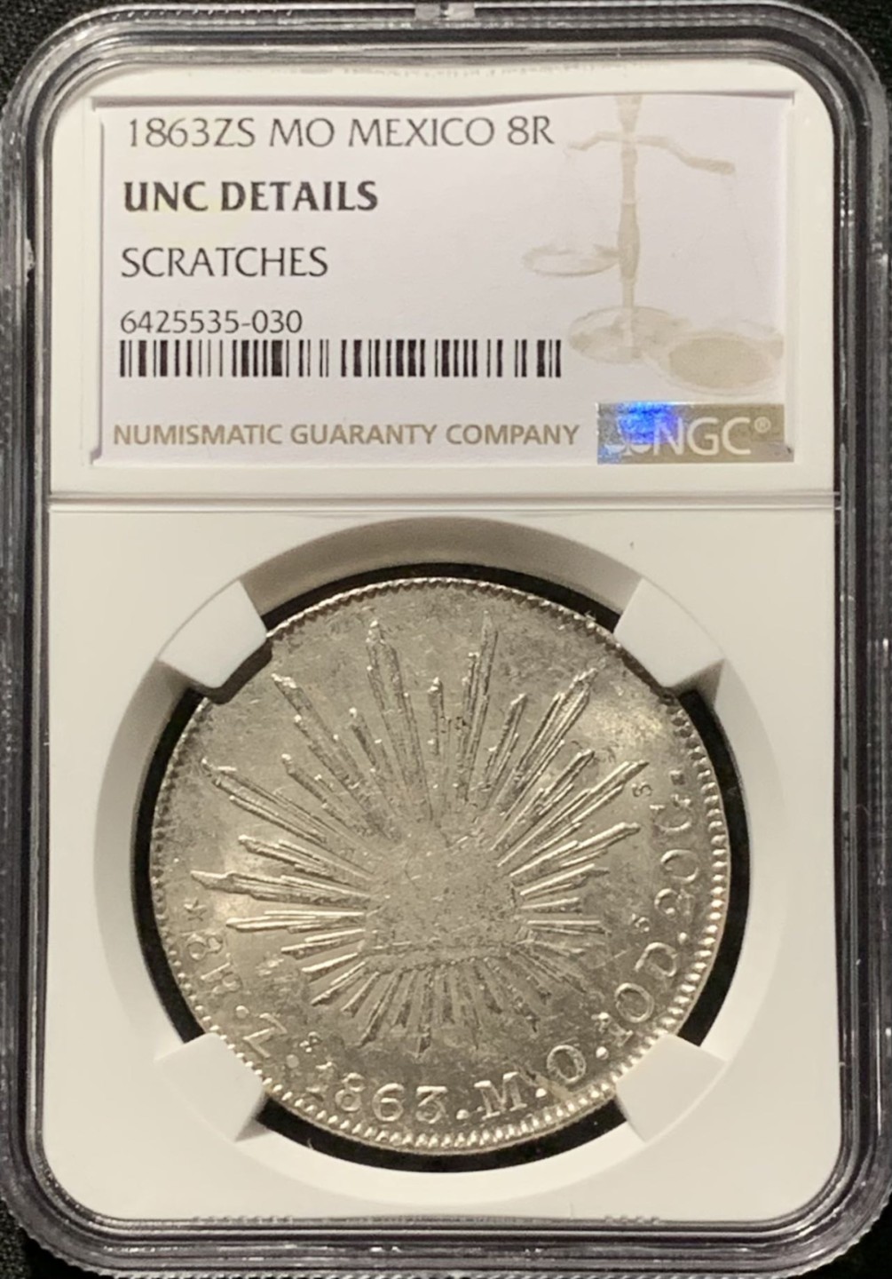 紫瑗钱币——第244期拍卖 墨西哥 1863年 ZS MO 在华流通 花边鹰洋 8里亚尔 银币 NGC UNC Detail