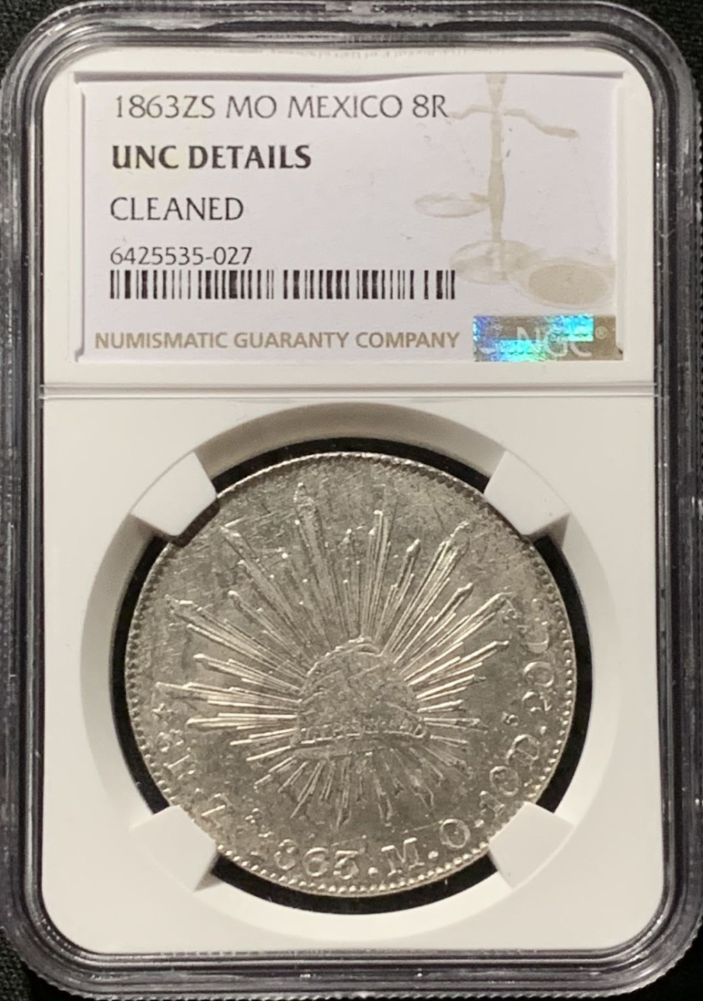 紫瑗钱币——第244期拍卖 墨西哥 1863年 ZS MO 在华流通 花边鹰洋 8里亚尔 银币 NGC UNC Detail