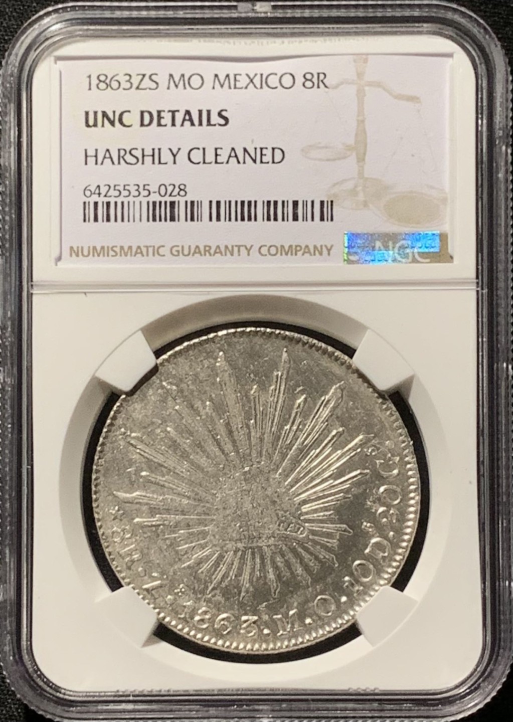 紫瑗钱币——第244期拍卖 墨西哥 1863年 ZS MO 在华流通 花边鹰洋 8里亚尔 银币 NGC UNC Detail