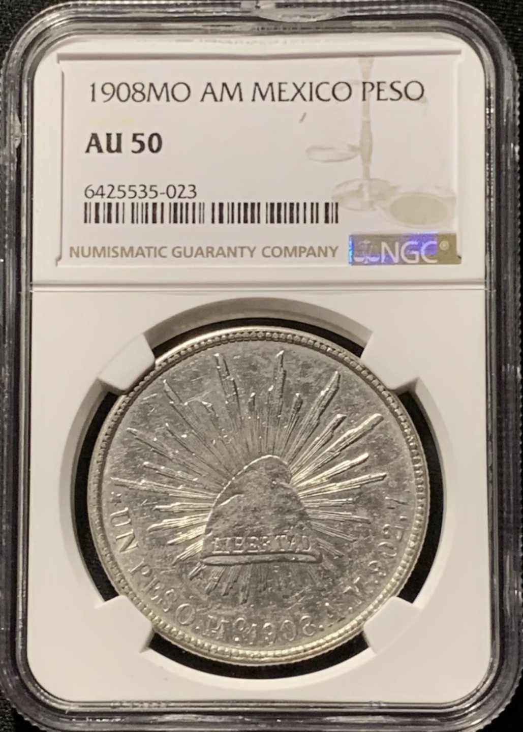 紫瑗钱币——第244期拍卖 墨西哥 1908年 MO AM 在华流通 直边比索 1比索 银币 NGC AU50