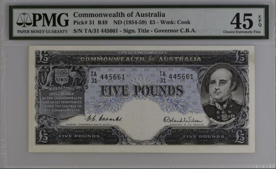 收藏联盟Quantum Auction 第221期拍卖 （已更新） 澳大利亚1954-59年5镑 PMG45E 高面值稀少