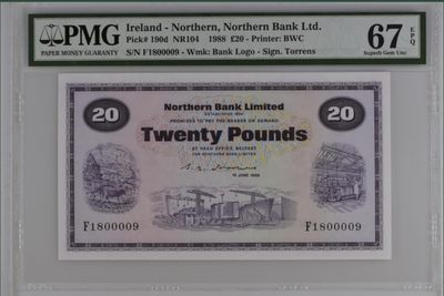 收藏联盟Quantum Auction 第221期拍卖 （已更新） - 1998年北爱尔兰北方银行20镑 个位号9 PMG67E冠军分