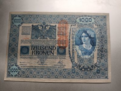 【专场20221227】故纸荒堆第III期——1960年前老纸币专场 - 【拍品001】奥地利1918版加盖旧奥匈帝国1000克朗全新UNC无4