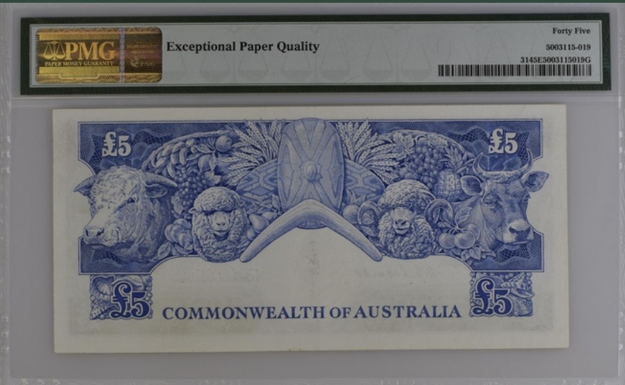 收藏联盟Quantum Auction 第221期拍卖 （已更新） 澳大利亚1954-59年5镑 PMG45E 高面值稀少