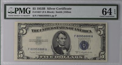 收藏联盟Quantum Auction 第221期拍卖 （已更新） - 1953年B版美国5美元 银币券 狮子号8888 PMG64E