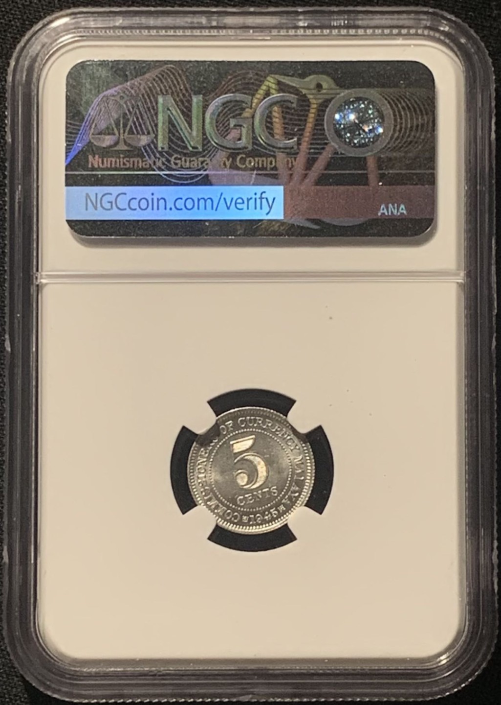 紫瑗钱币——第244期拍卖 马来亚 1945年 乔治六世 5分 银币 NGC MS64