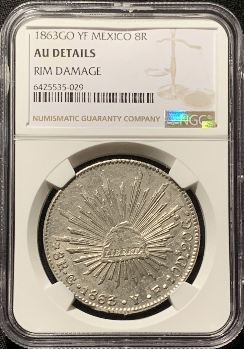紫瑗钱币——第244期拍卖 墨西哥 1863年 GO YF 在华流通 花边鹰洋 8里亚尔 银币 NGC AU Detail