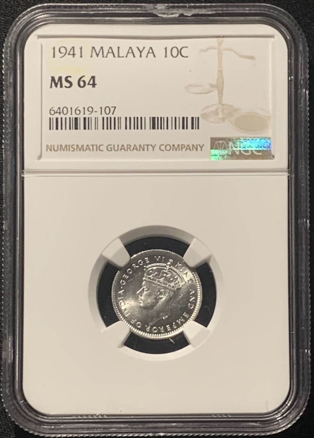 紫瑗钱币——第244期拍卖 马来亚 1941年 乔治六世 10分 银币 NGC MS64